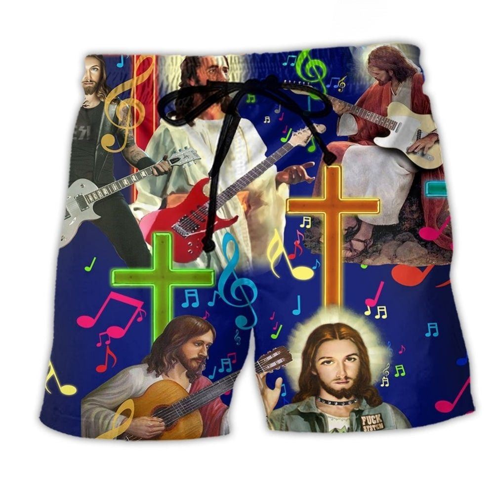 Jesus Guitar Music Notes Beach Shorts For Relaxed Shoreline Days And Easygoing Coastal Style