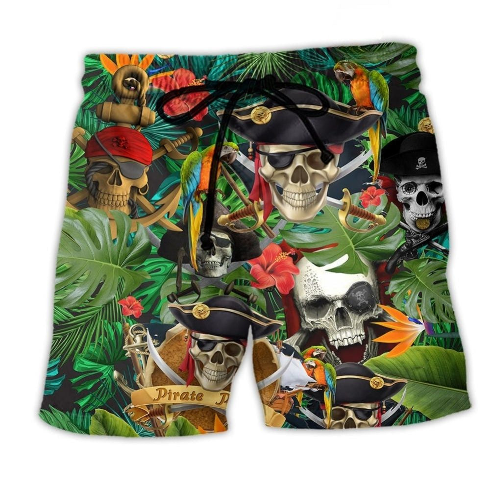 Pirate Skull Tropical Floral Beach Shorts For Summer Vacations And Warm Weather Wardrobe