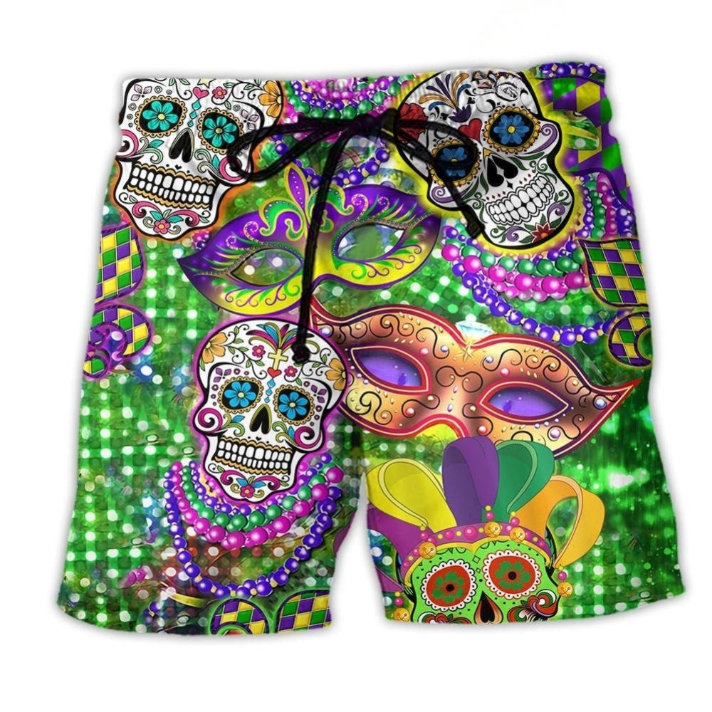 Mardi Gras Sugar Skull Color Beach Shorts For Holiday Cruises And Laid Back Daily Wear