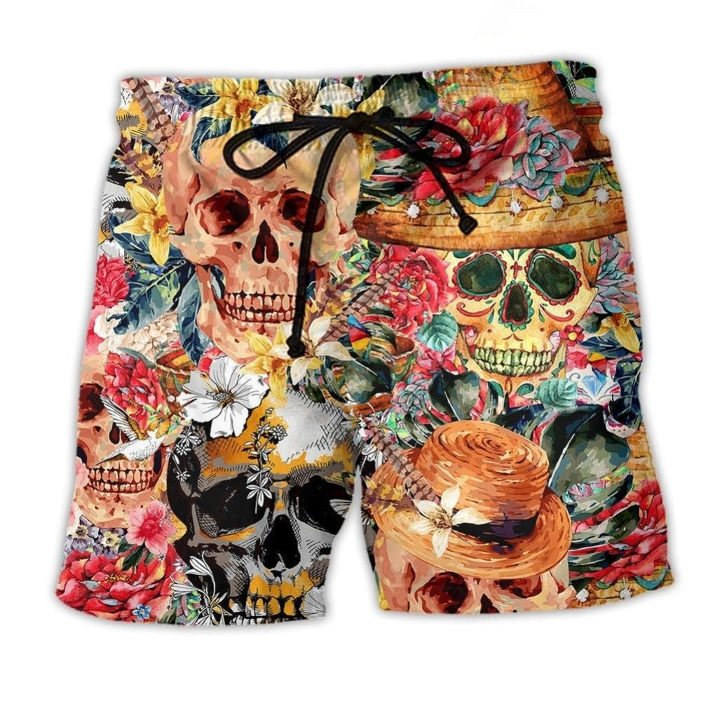 Floral Skull Beauty Beach Shorts For Warm Weather Outings And Memorable Gift Ideas