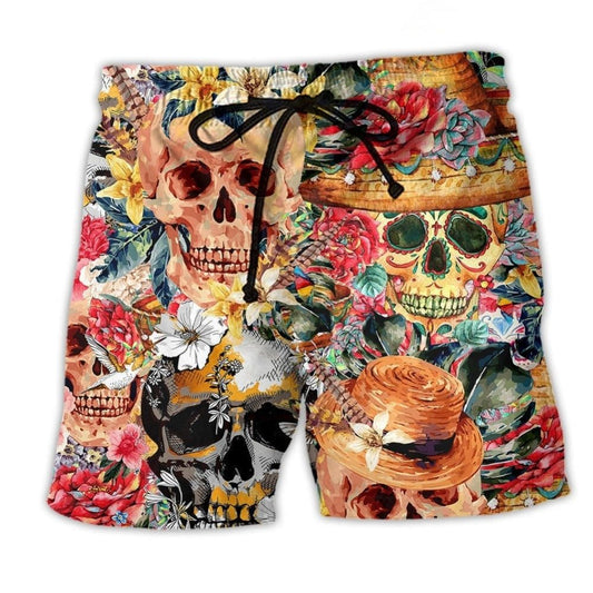 Floral Skull Beauty Beach Shorts For Warm Weather Outings And Memorable Gift Ideas