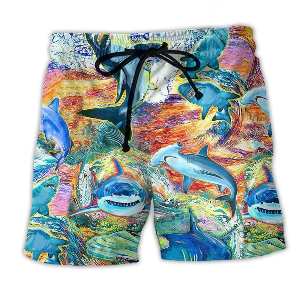 Colorful Shark Painting Beach Shorts For Beach Days And Relaxed Casual Style