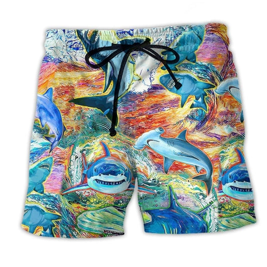 Colorful Shark Painting Beach Shorts For Beach Days And Relaxed Casual Style