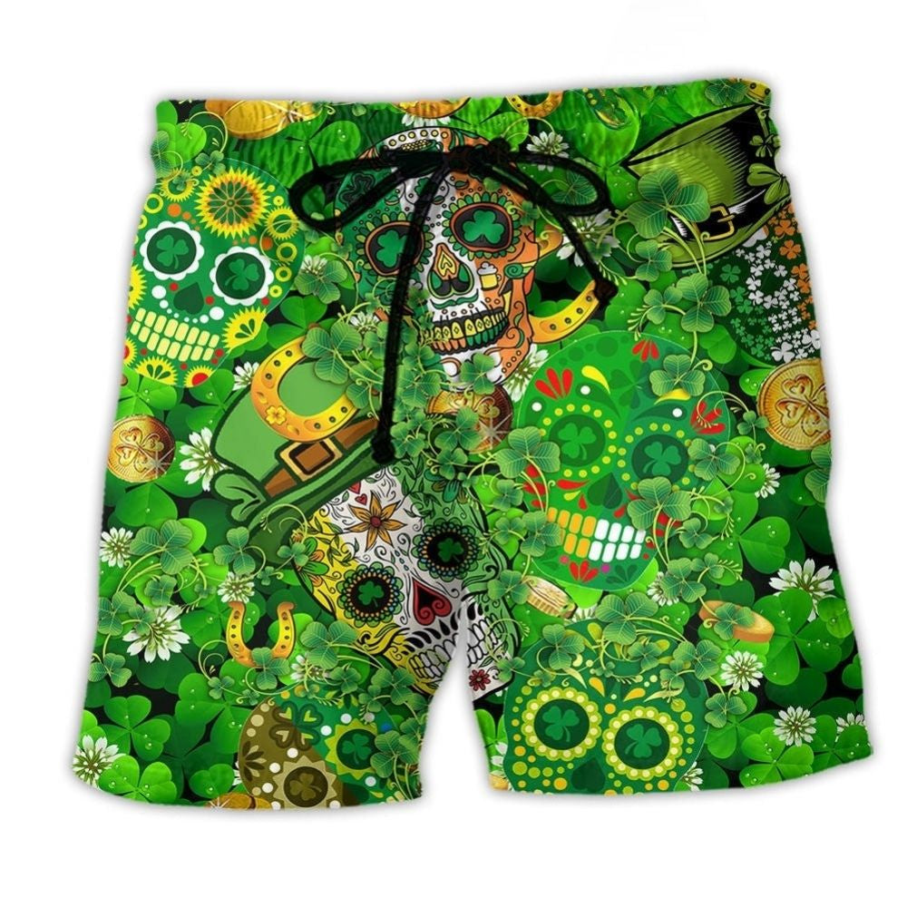 Irish Skull Green Gold Pride Beach Shorts For Holiday Cruises And Comfortable Daily Wear