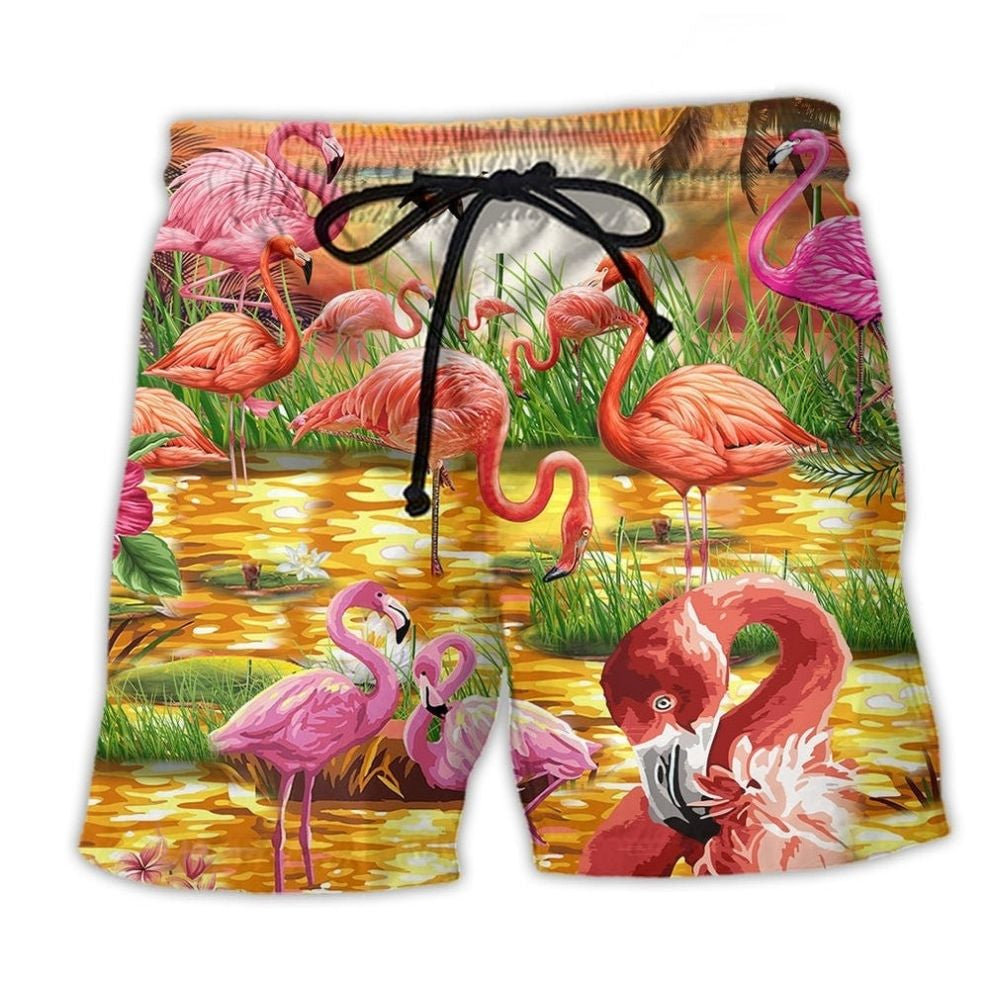 Flamingo Romantic Sunset Beach Shorts For Island Escapes And Easygoing Coastal Style