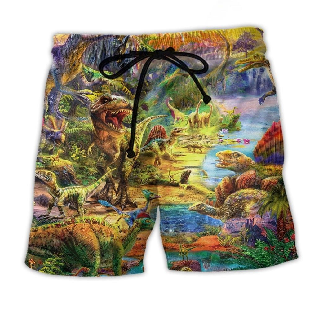 Colorful Dinosaur World Beach Shorts For Summer Festivals And Flexible Everyday Wear