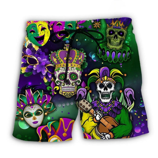 Mardi Gras Skull Green Beach Shorts For Coastal Adventures And Laid Back Daily Wear