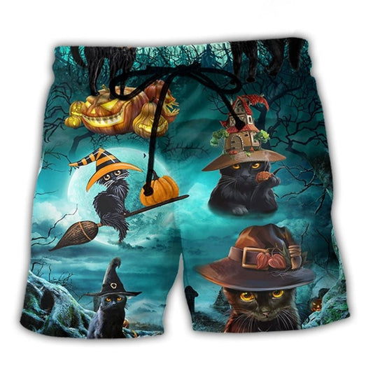 Halloween Black Cat Pumpkin Beach Shorts For Resort Getaways And Vacation Ready Style