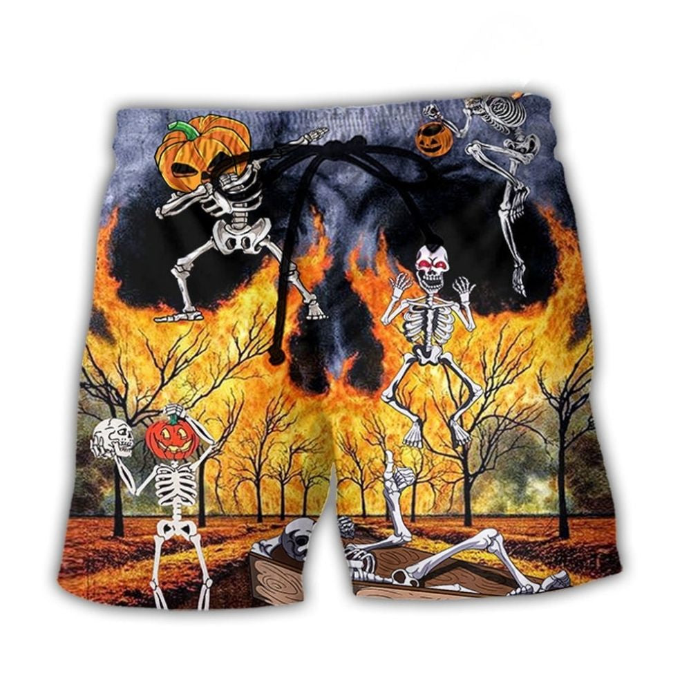 Halloween Skeleton Party Pumpkin Beach Shorts For Seaside Travel And Bright Summer Outfits