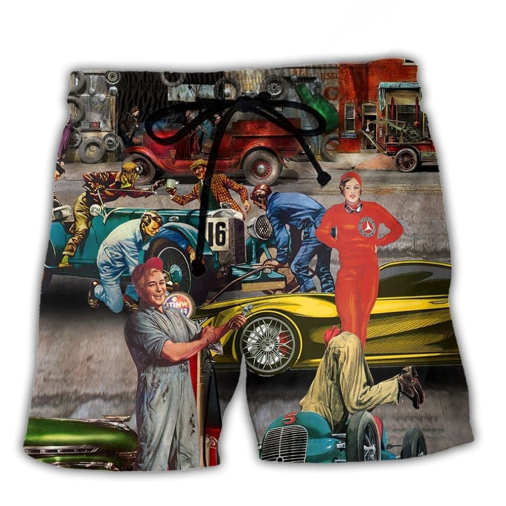 Retro Auto Mechanic Car Beach Shorts For Poolside Relaxation And Everyday Comfort