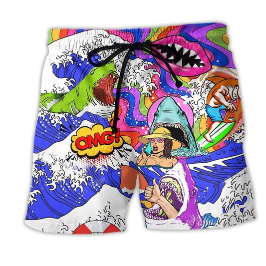 Bohemian Shark Girl Colorful Beach Shorts For Beach Days And Weekend Casual Style