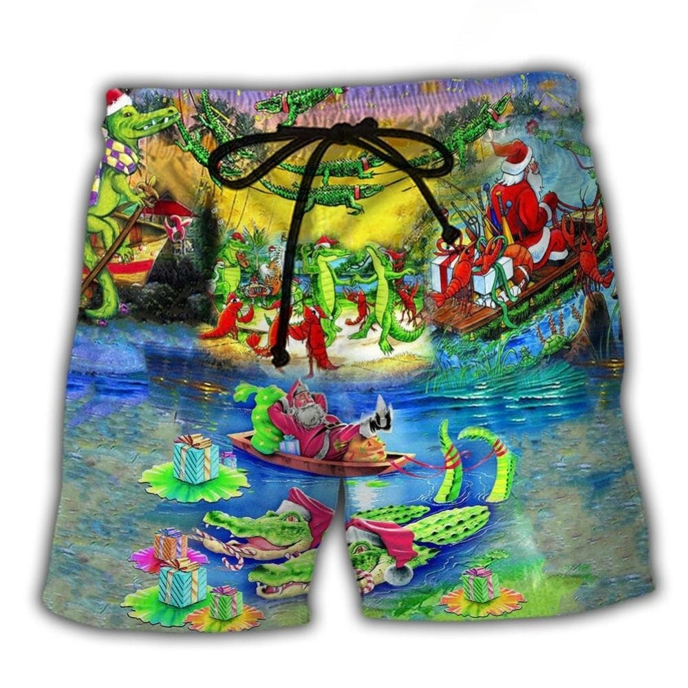 Crocodile Merry Christmas Festive Beach Shorts For Summer Vacations And Comfortable Resort Style