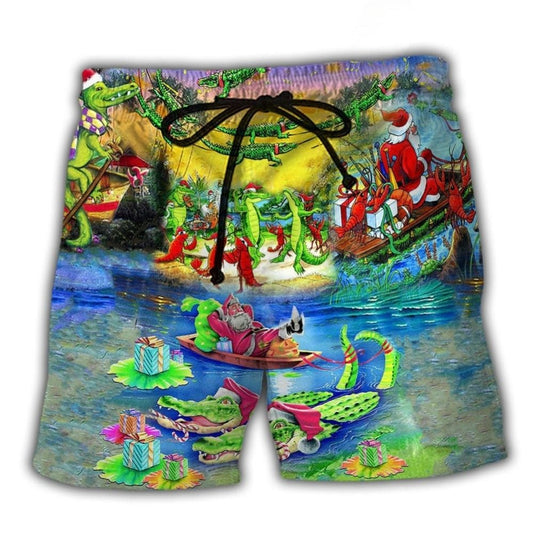 Crocodile Merry Christmas Festive Beach Shorts For Summer Vacations And Comfortable Resort Style