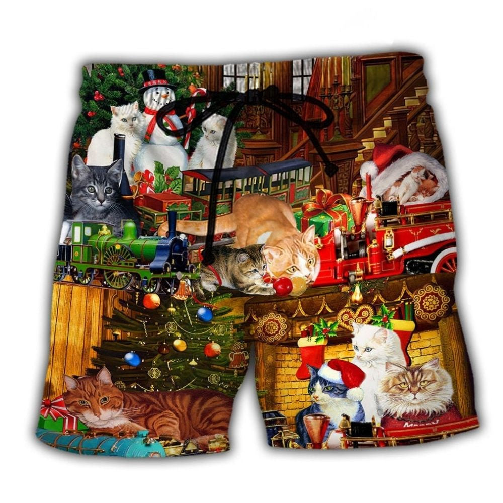 Christmas Cat Toy Train Beach Shorts For Resort Getaways And Vacation Ready Style