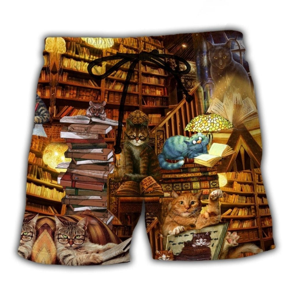 Book Cat Reading Vintage Beach Shorts For Summer Festivals And Weekend Casual Style