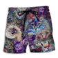 Psychedelic Purple Cat Beach Shorts For Oceanfront Weekends And Easygoing Coastal Style