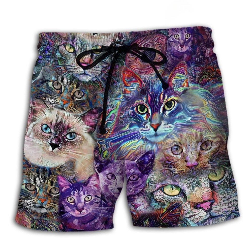 Psychedelic Purple Cat Beach Shorts For Oceanfront Weekends And Easygoing Coastal Style