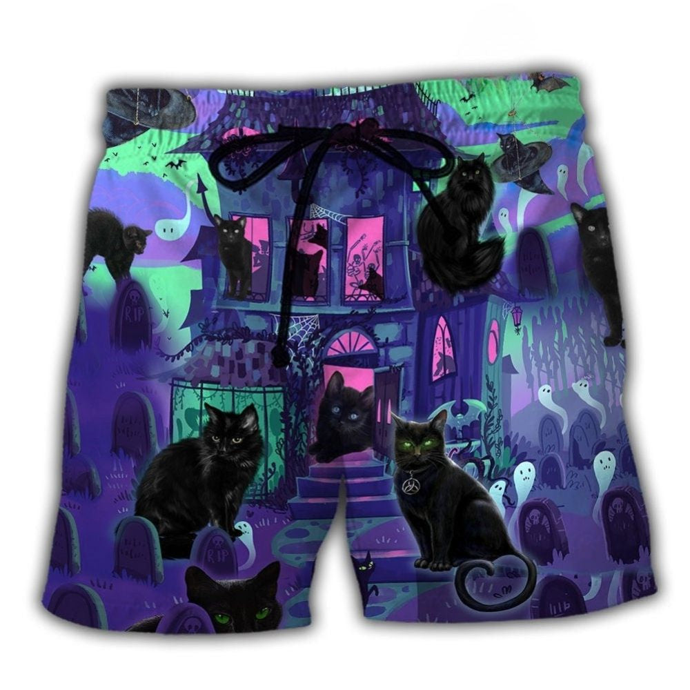 Haunted Black Cat Dark Night Beach Shorts For Coastal Road Trips And Vacation Ready Style