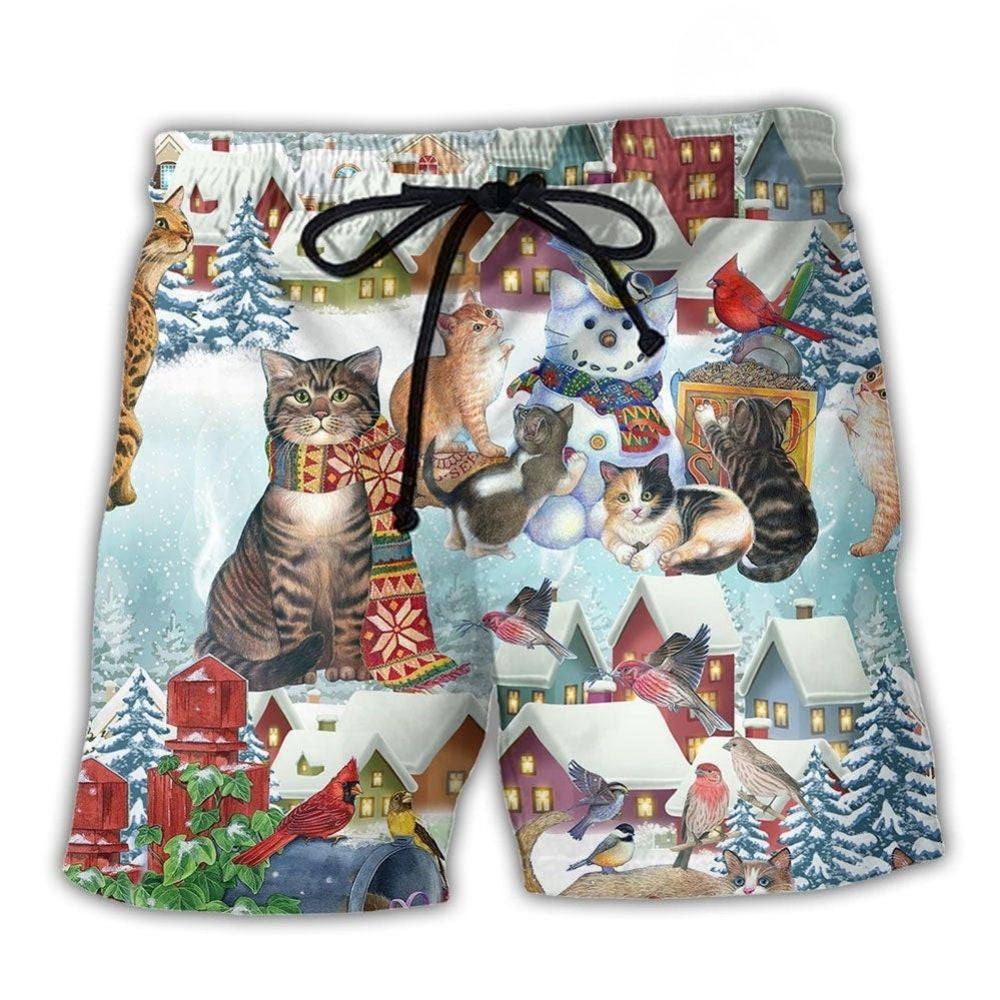 Winter Cat Bird Snow Beach Shorts For Sunny Day Getaways And Casual Outdoor Comfort