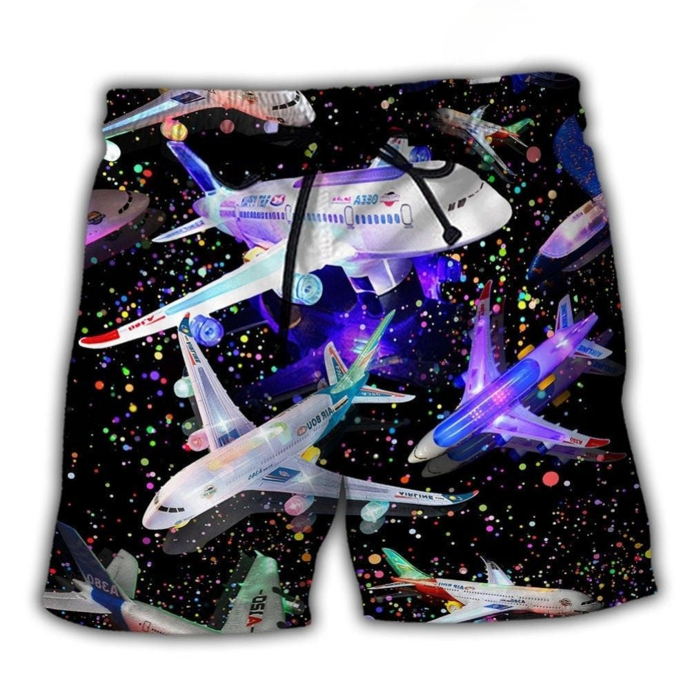 Airplane Dreamy Galaxy Flight Beach Shorts For Resort Getaways And Everyday Comfort
