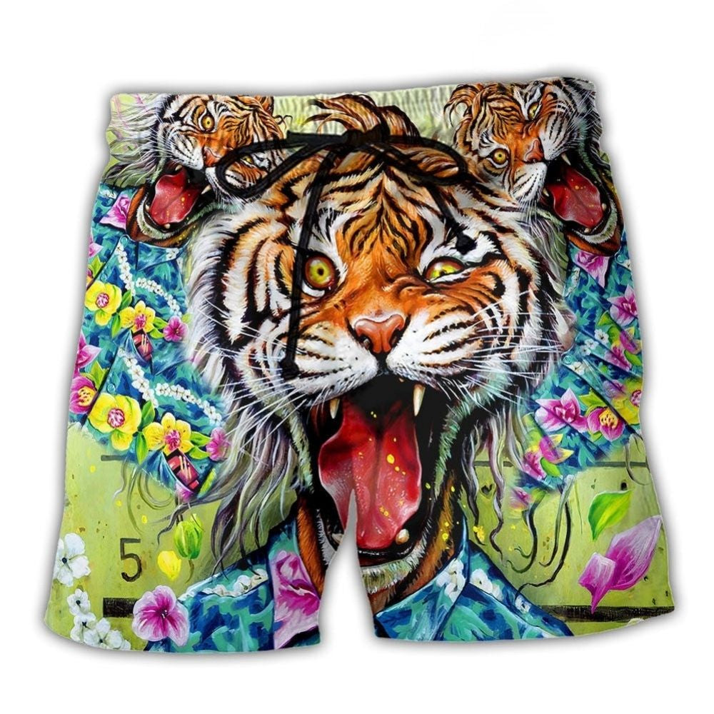 Floral Tiger Beach Shorts For Vacation Travel And Comfortable Daily Wear
