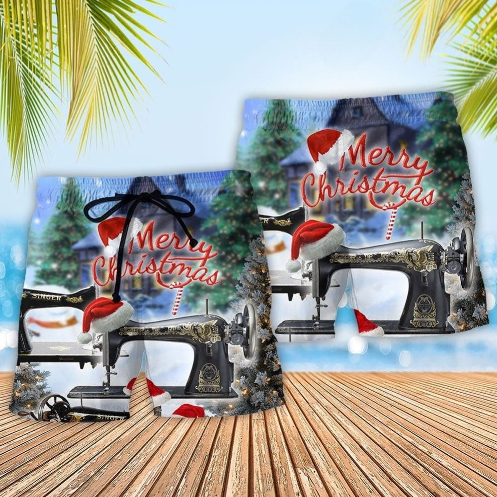 Sewing Machine Christmas Night Beach Shorts Pattern Detail For Casual Outings And Leisure And Relaxation