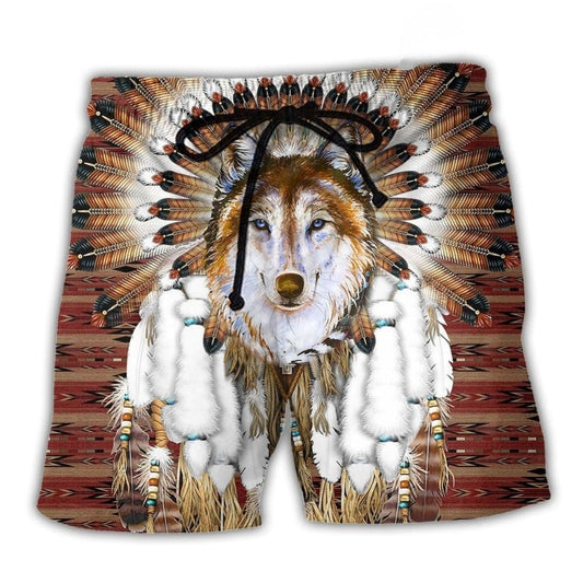 Southwestern Wolf Feather Headdress Beach Shorts For Resort Getaways And Warm Weather Wardrobe