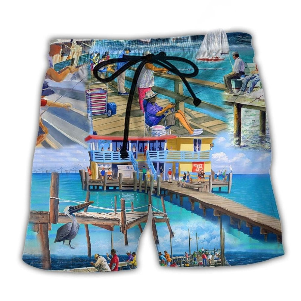 Fishing Pier Blue Sea Beach Shorts For Island Escapes And Leisure And Relaxation