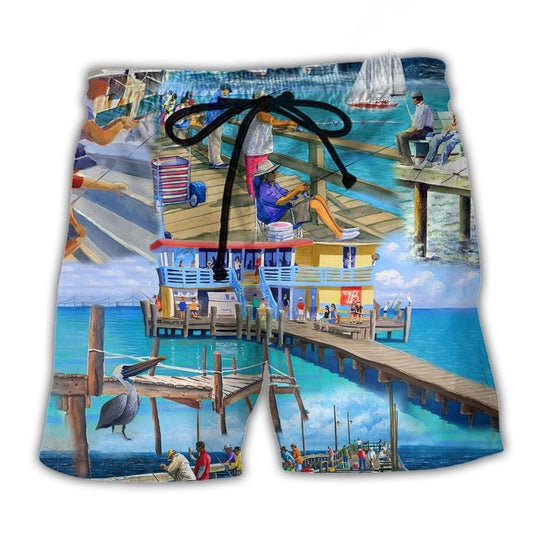 Fishing Pier Blue Sea Beach Shorts For Island Escapes And Leisure And Relaxation