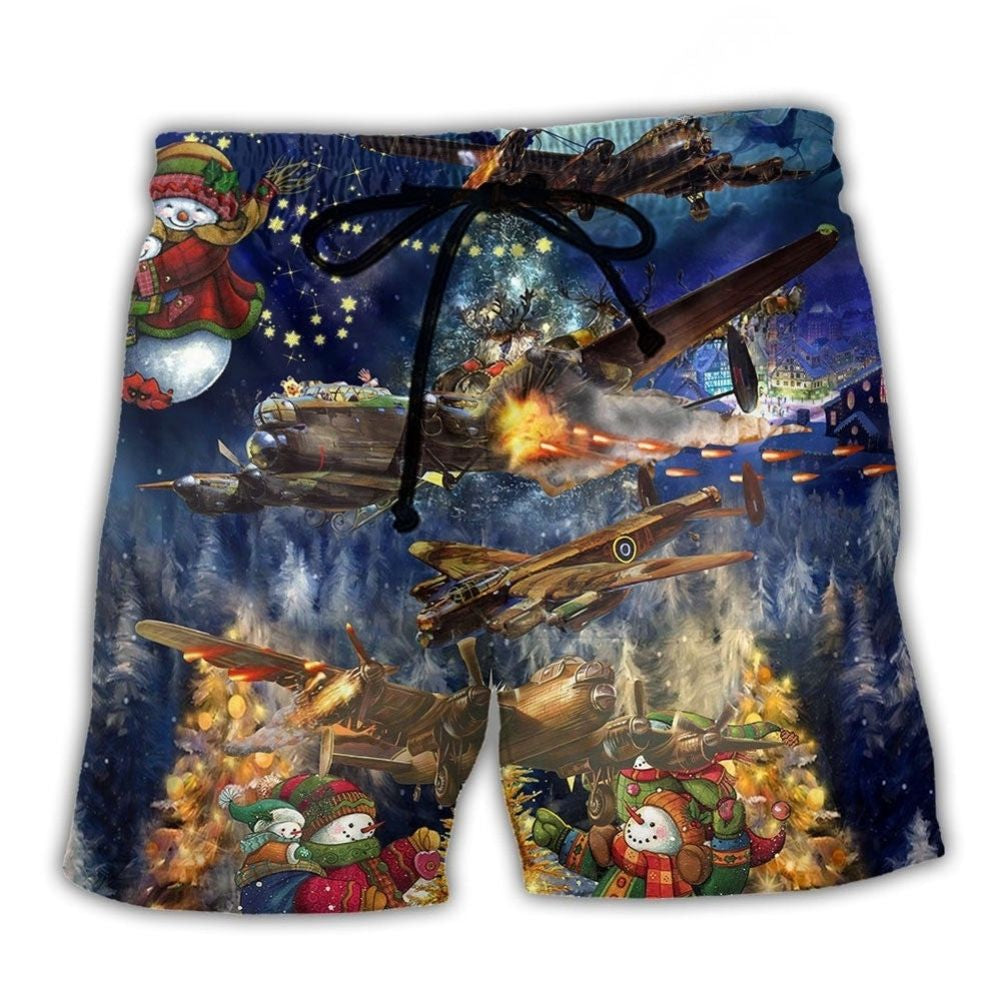 Christmas Military Airplane Beach Shorts For Tropical Holidays And Distinctive Seasonal Style
