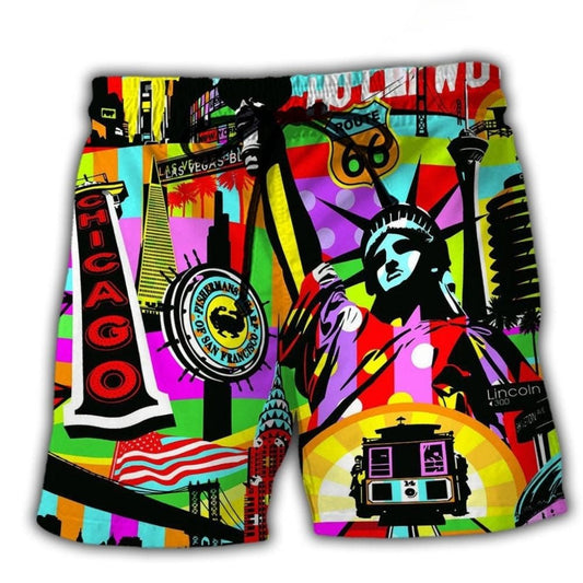 Colorful America Travel Beach Shorts For Vacation Travel And Relaxed Casual Style
