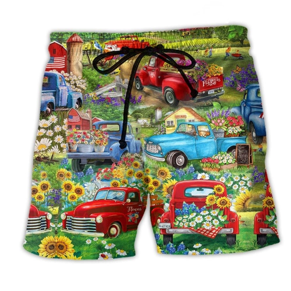 Floral Pickup Truck Beach Shorts For Oceanfront Weekends And Weekend Casual Style