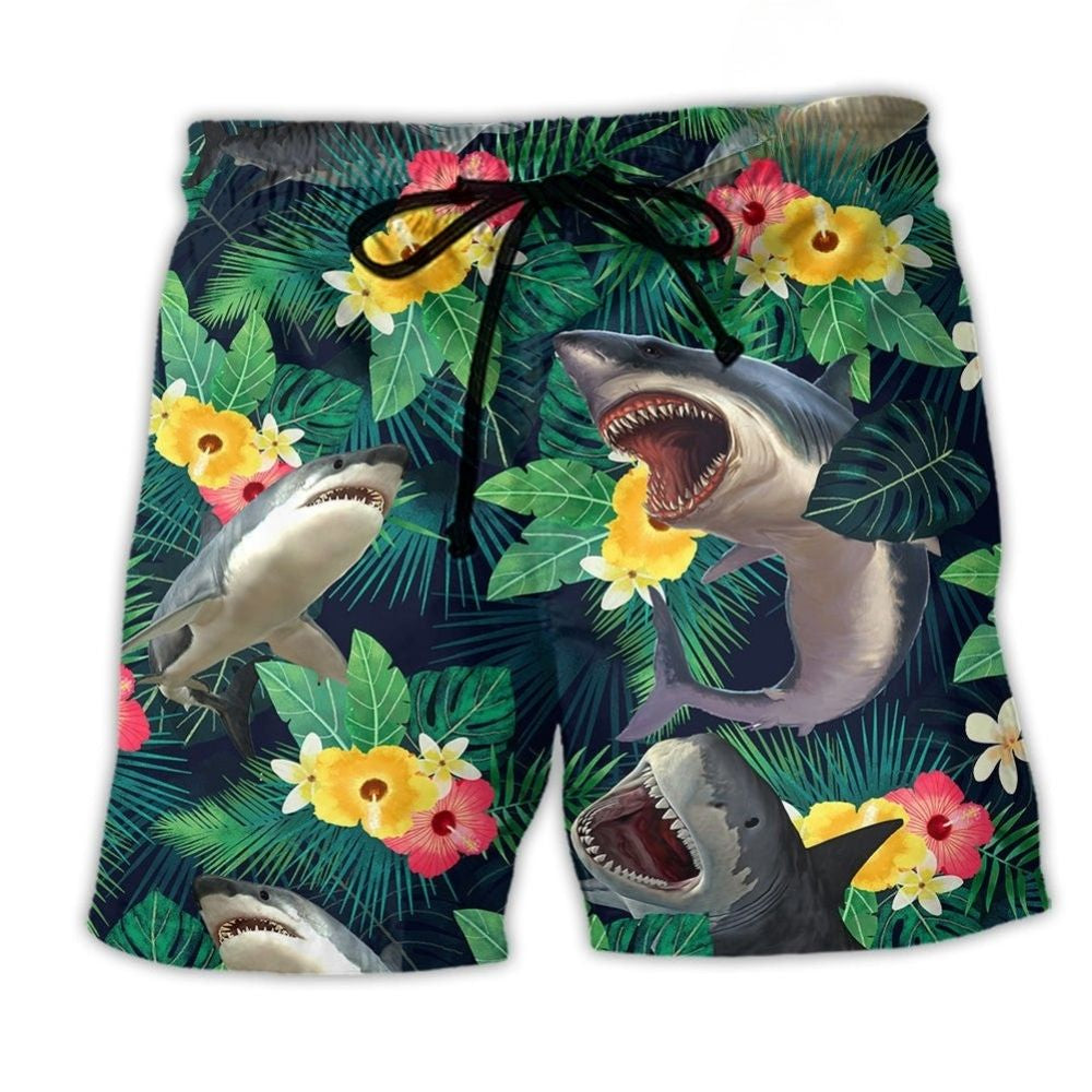 Shark Tropical Leaf Summer Beach Shorts For Coastal Road Trips And Bright Summer Outfits