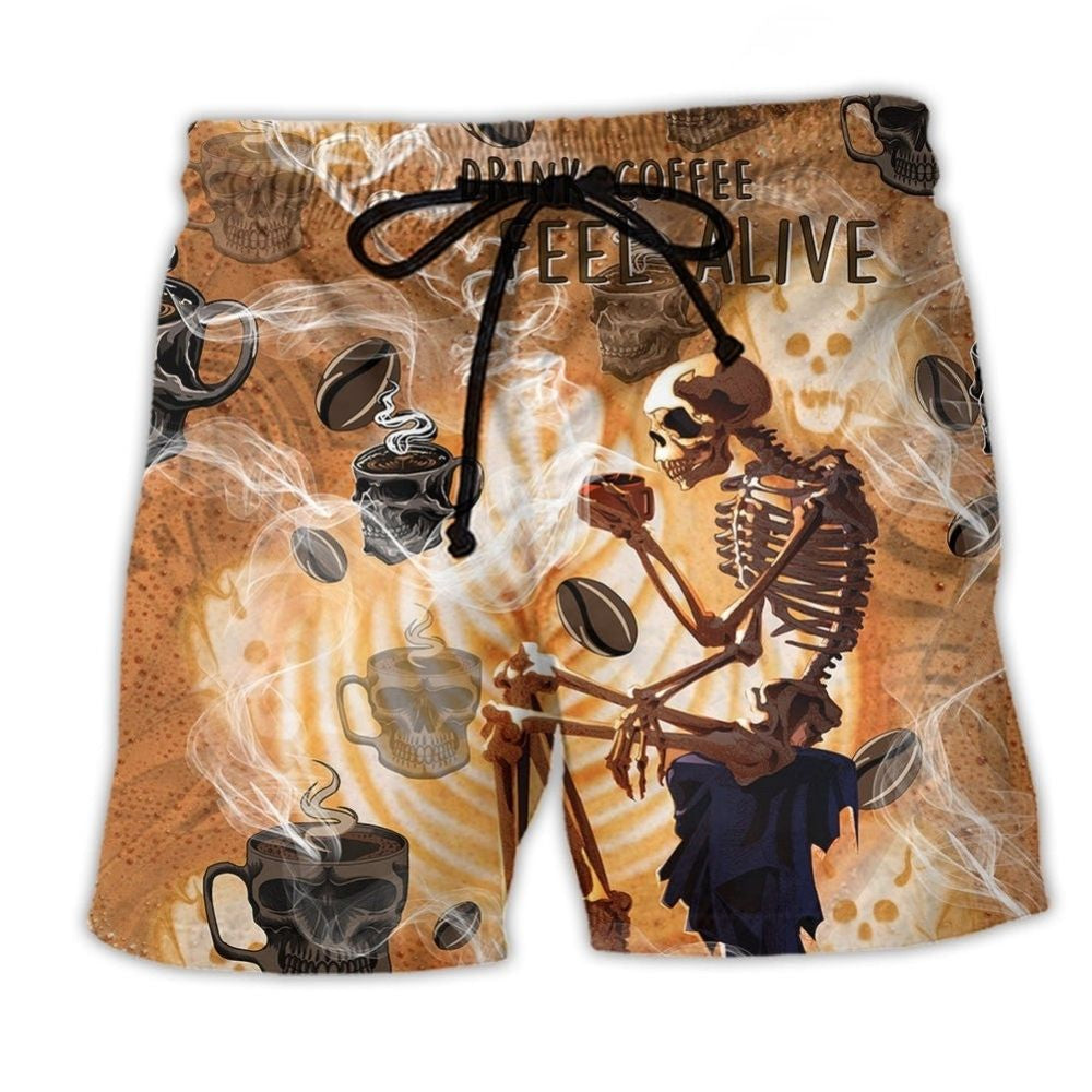 Skull Coffee Feel Alive Beach Shorts For Warm Weather Outings And Distinctive Seasonal Style