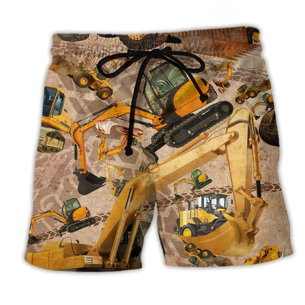 Excavator Hard Work Warning Beach Shorts For Coastal Adventures And Vacation Ready Style