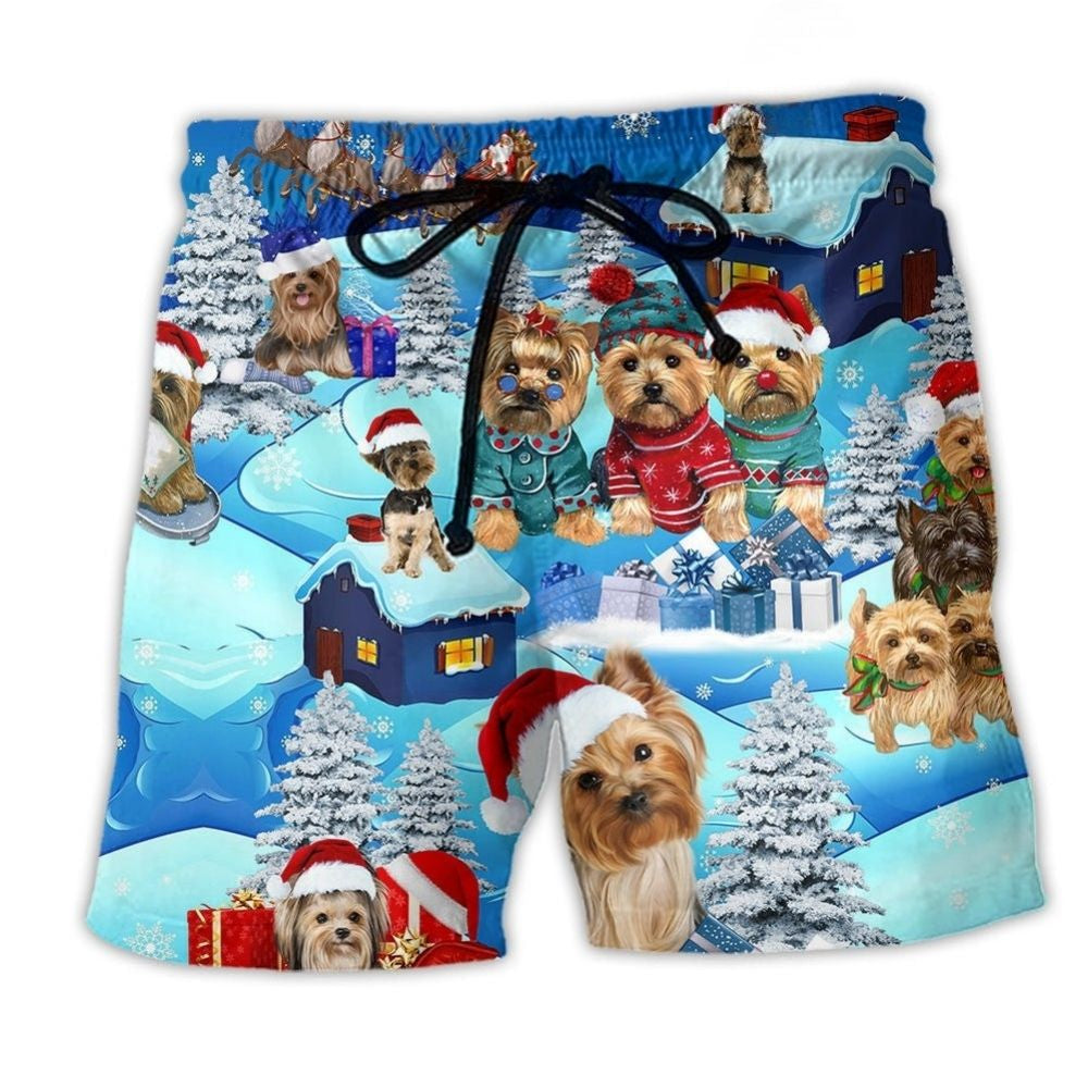 Yorkshire Dog Snowy Christmas Beach Shorts For Vacation Travel And Relaxed Casual Style