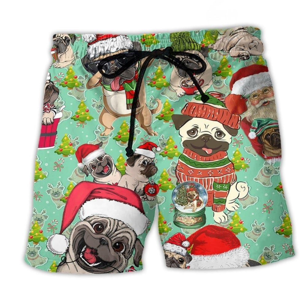 Pug Dog Merry Pugmas Christmas Beach Shorts For Warm Weather Outings And Distinctive Seasonal Style
