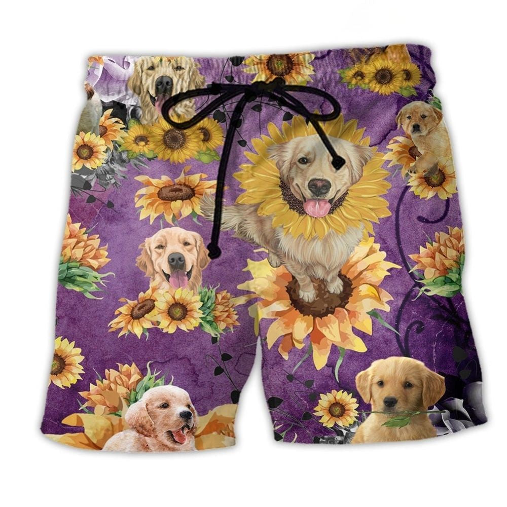 Golden Retriever Sunflower Purple Beach Shorts For Oceanfront Weekends And Flexible Everyday Wear