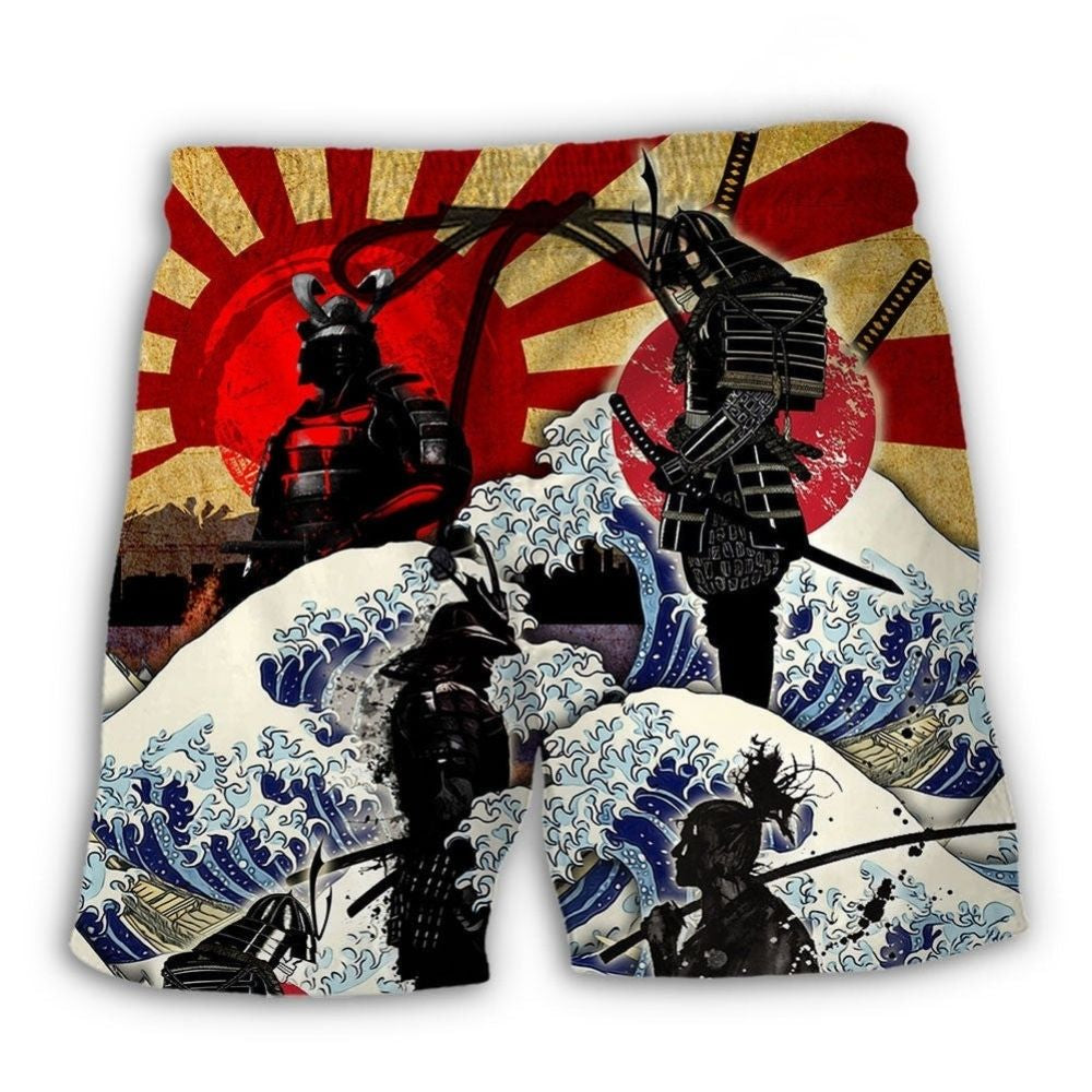 Samurai Red Sun Wave Beach Shorts For Casual Day Trips And Easy Warm Weather Wear