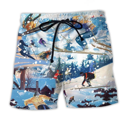 Snowboarding Cold Weather Mountain Beach Shorts Pattern View For Resort Days And Outdoor Activities