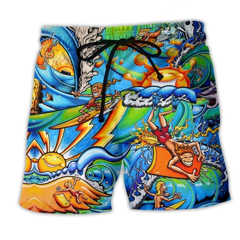 Happy Surfing Colorful Wave Beach Shorts Design View For Comfortable Resort And Beach Styling