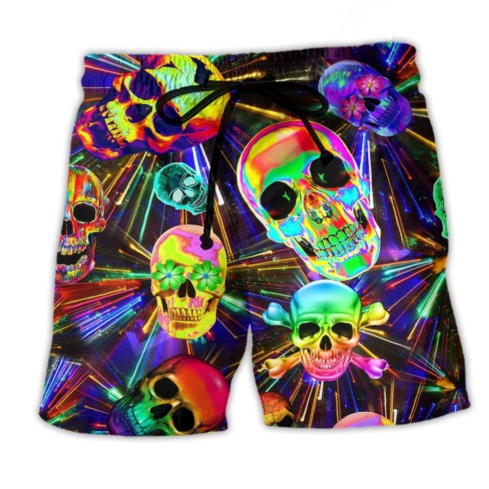 Happy Smiling Skull Colorful Beach Shorts Design Detail For Casual Warm Weather Outfits