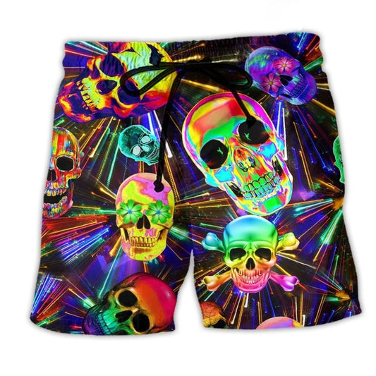 Happy Smiling Skull Colorful Beach Shorts Design Detail For Casual Warm Weather Outfits