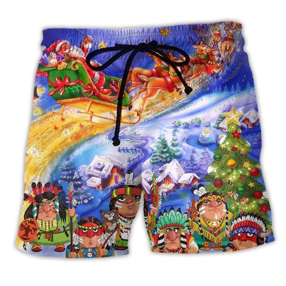 Funny Native Style Christmas Night Beach Shorts Design Detail For Casual Warm Weather Outfits