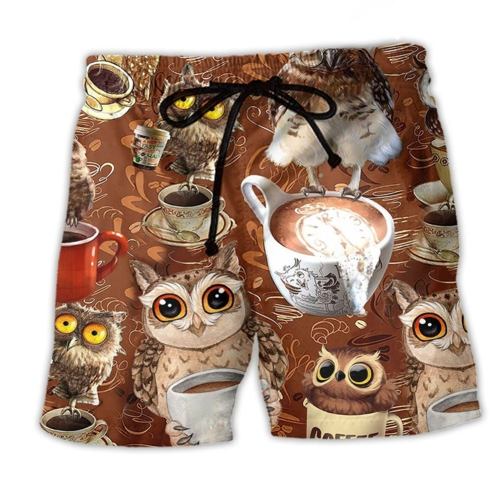 Owl Coffee Love Cozy Beach Shorts Print Detail For Beach Activities And Vacation Wear