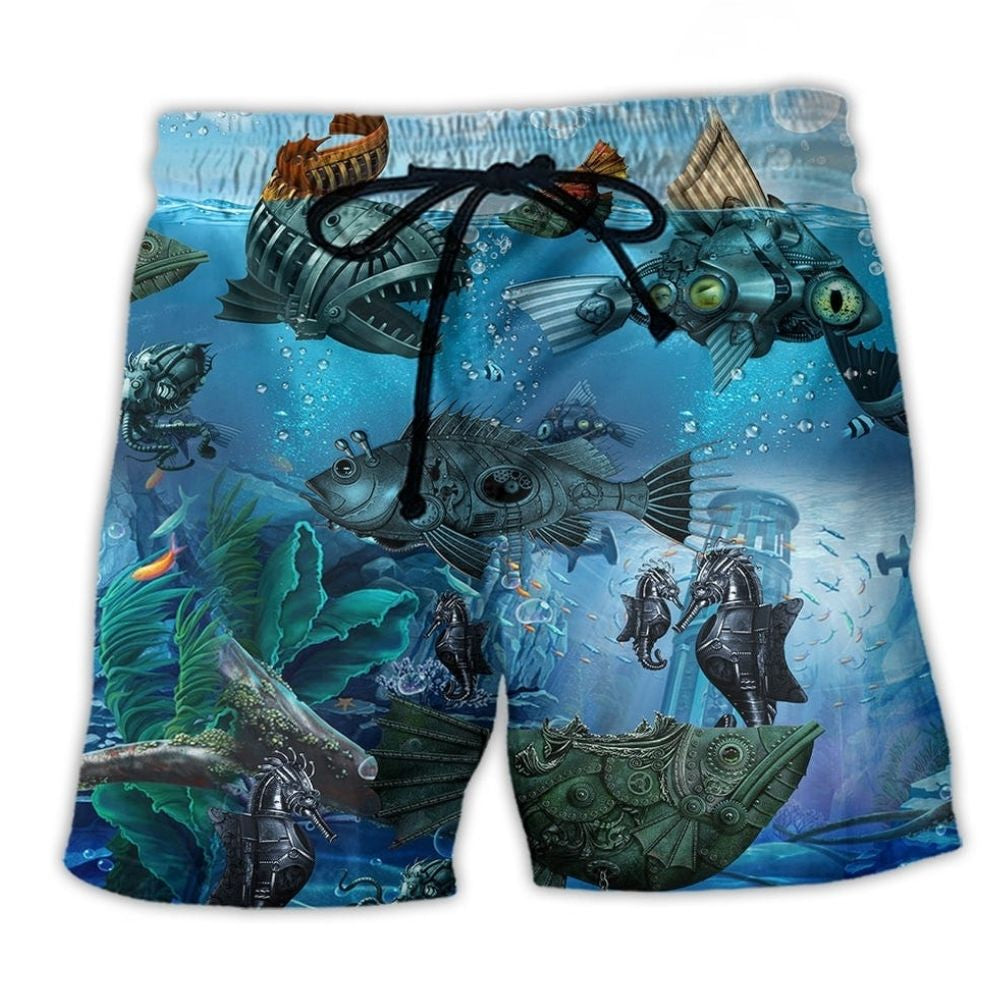 Steampunk Ocean Fish Mechanical Beach Shorts For Coastal Adventures And Relaxed Summer Wear