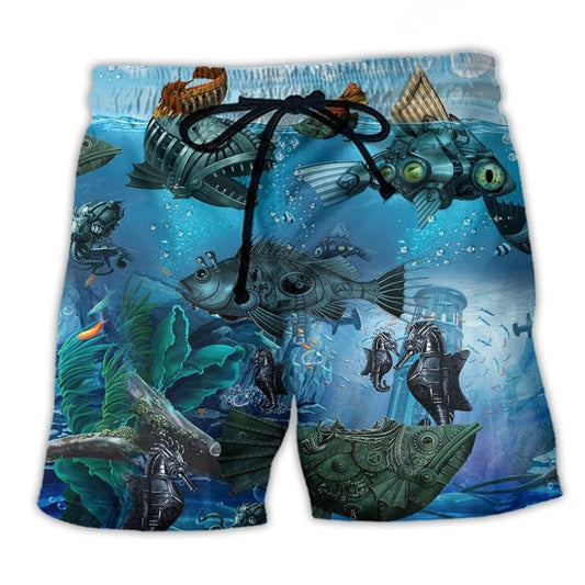 Steampunk Ocean Fish Mechanical Beach Shorts For Coastal Adventures And Relaxed Summer Wear