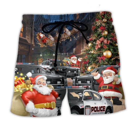 Police Car Santa Holiday Beach Shorts For Coastal Adventures And Relaxed Summer Wear