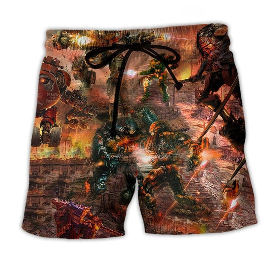 Robot Combat Battlefield Action Beach Shorts Artwork Detail For Comfortable Everyday Summer Wear