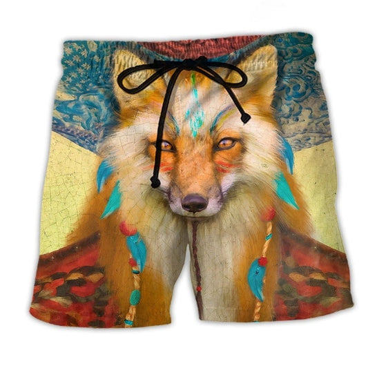 Native Fox Love Peace Nature Beach Shorts Artwork Detail For Comfortable Everyday Summer Wear
